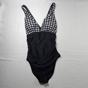 CUPSHE Gingham One Piece Swimsuit Women Black White Plunge Neck Ruched Size L